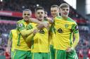 Milot Rashica celebrates his only league goal in Norwich City colours at Liverpool in the Premier League