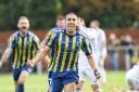 Josh Hmami celebrates his goal for King's Lynn Town against Buxton