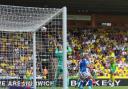 Josh Sargent hits the bar during Norwich City's Championship meeting with Blackburn Rovers