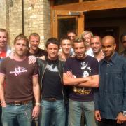 Norwich City players out for a celebration lunch. From left: Keith Briggs, Iwan Roberts, Jim Brennan, Paul Crichton, Phil Mulryne, Adam Drury, Malky Mackay, Darren Huckerby, Mark Rivers, Craig Fleming, Leon McKenzie, Zema Abbey and Marc Edworthy