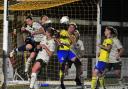 City keeper Sarah Quantrill punches clear in a crowded goalmouth