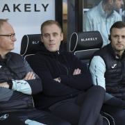 Johannes Hoff Thorup flanked by Glen Riddersholm and new first team coach Jack Wilshere before Norwich City's 3-3 Championship draw against Middlesbrough